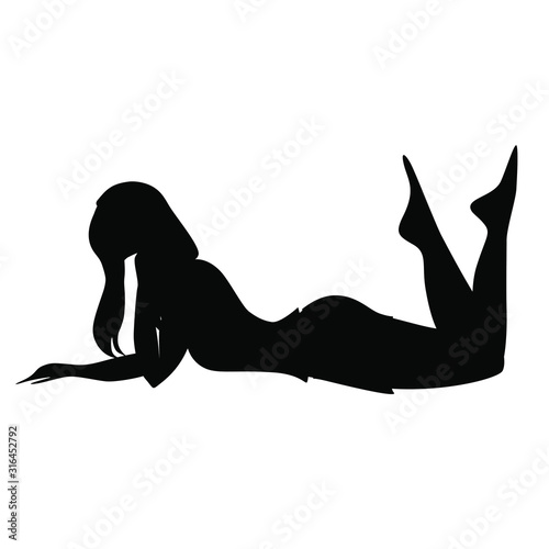 Black silhouette of sitting on the stool woman posing in a dress. Female sign. Girl figure