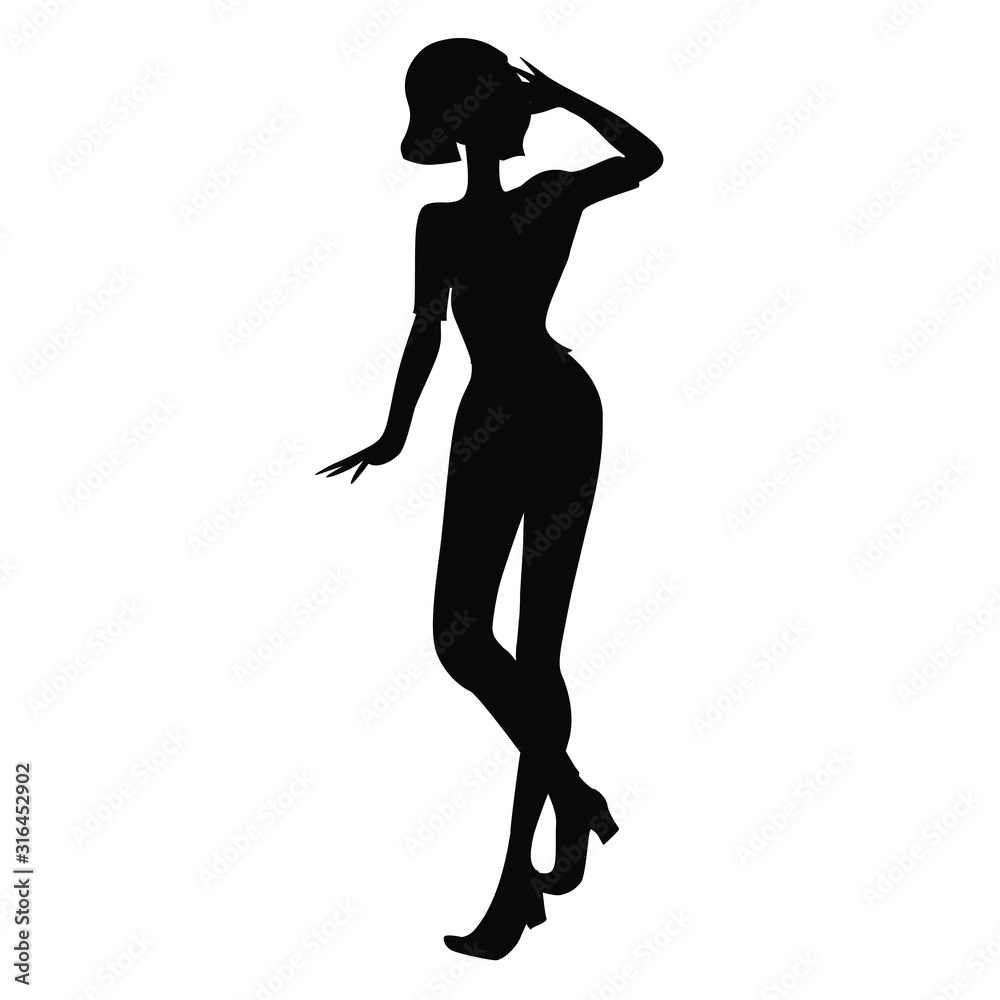 Black silhouette of stand woman posing. High heel shoes and short hair cut. Female sign. Girl figure