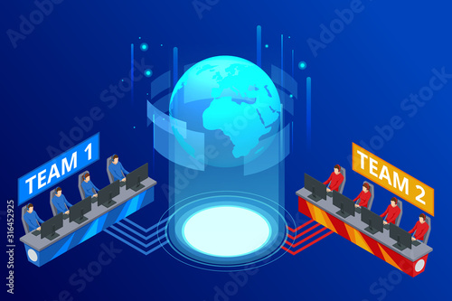 Isometric Cybersports competition. Cybersport arena with gamers. Online game tournament in player vs player format. Cybersport competition with winner cup.