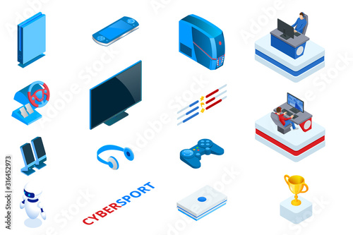 Isometric Cybersports competition. Cybersport arena with gamers. Online game tournament in player vs player format. Cybersport competition with winner cup.