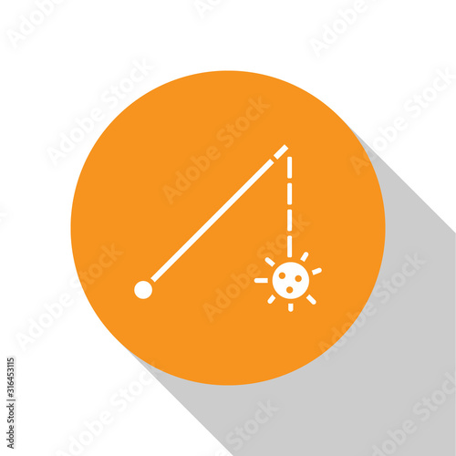 White Medieval chained mace ball icon isolated on white background. Medieval weapon. Orange circle button. Vector Illustration