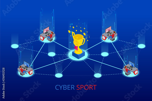 Isometric Cybersports competition. Cybersport arena with gamers. Online game tournament in player vs player format. Cybersport competition with winner cup.