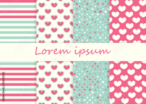 Cute pattern set. Hearts background. Vector.