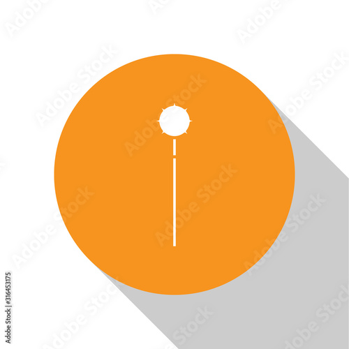 White Medieval chained mace ball icon isolated on white background. Medieval weapon. Orange circle button. Vector Illustration