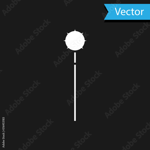 White Medieval chained mace ball icon isolated on black background. Medieval weapon. Vector Illustration