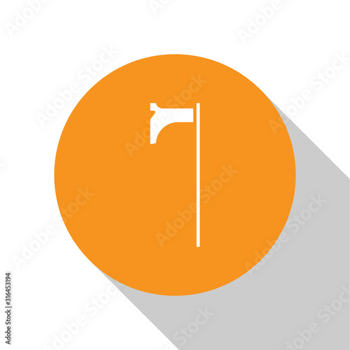 White Medieval axe icon isolated on white background. Battle axe, executioner axe. Medieval weapon. Orange circle button. Vector Illustration