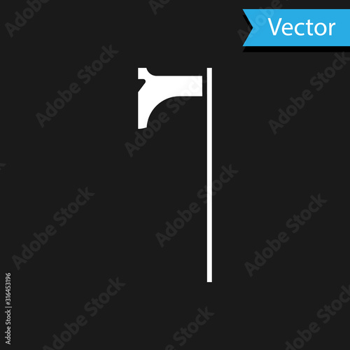 White Medieval axe icon isolated on black background. Battle axe, executioner axe. Medieval weapon. Vector Illustration