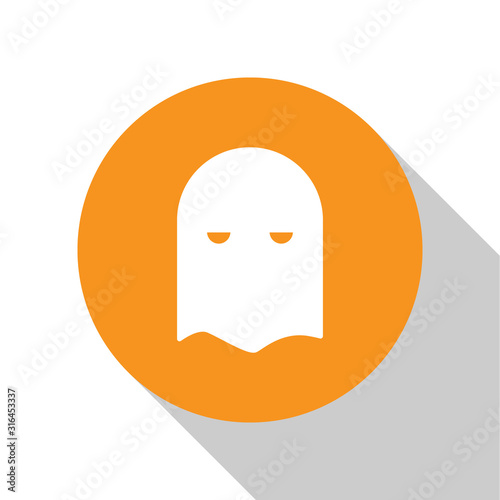 White Executioner mask icon isolated on white background. Hangman, torturer, executor, tormentor, butcher, headsman icon. Orange circle button. Vector Illustration