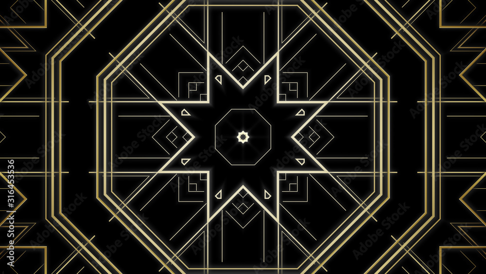 Kaleidoscope Gatsby Art deco pattern. Gold background of modern early 20th century ornament with star shapes. Geometric elegant abstract lines & squares. Arabesque oriental style