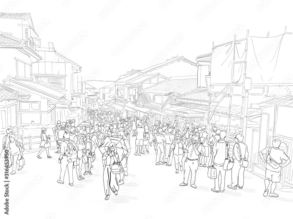 Obraz premium Hand drawn illustration. A woman takes a photo of the famous Kiyomizu Dera temple, with a crowd approaching along Matsubara Dori behind her, in Kyoto, Japan. Black and white.