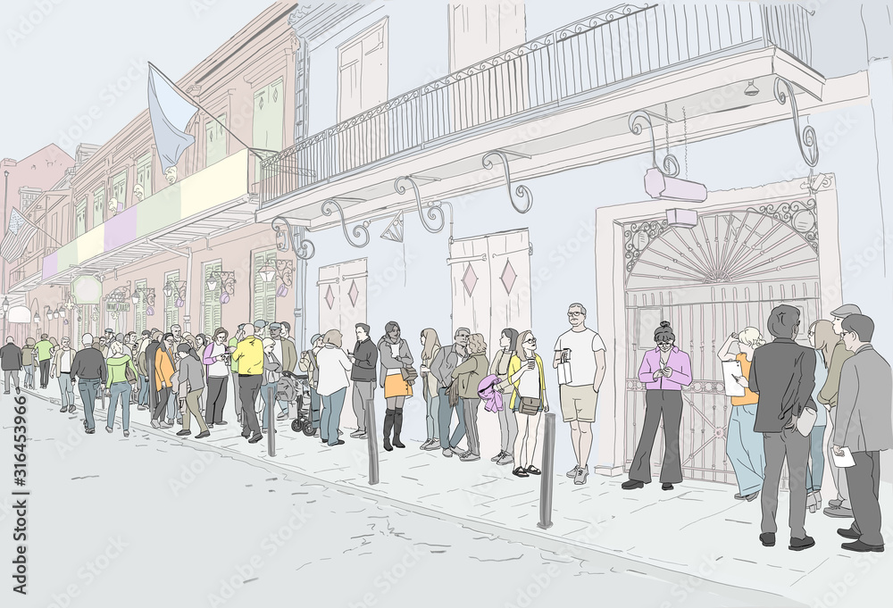 Obraz premium Hand drawn illustration. At the famous Preservation Hall landmark in New Orleans, Louisiana, people wait in line to see live Jazz music. Full color drawing.