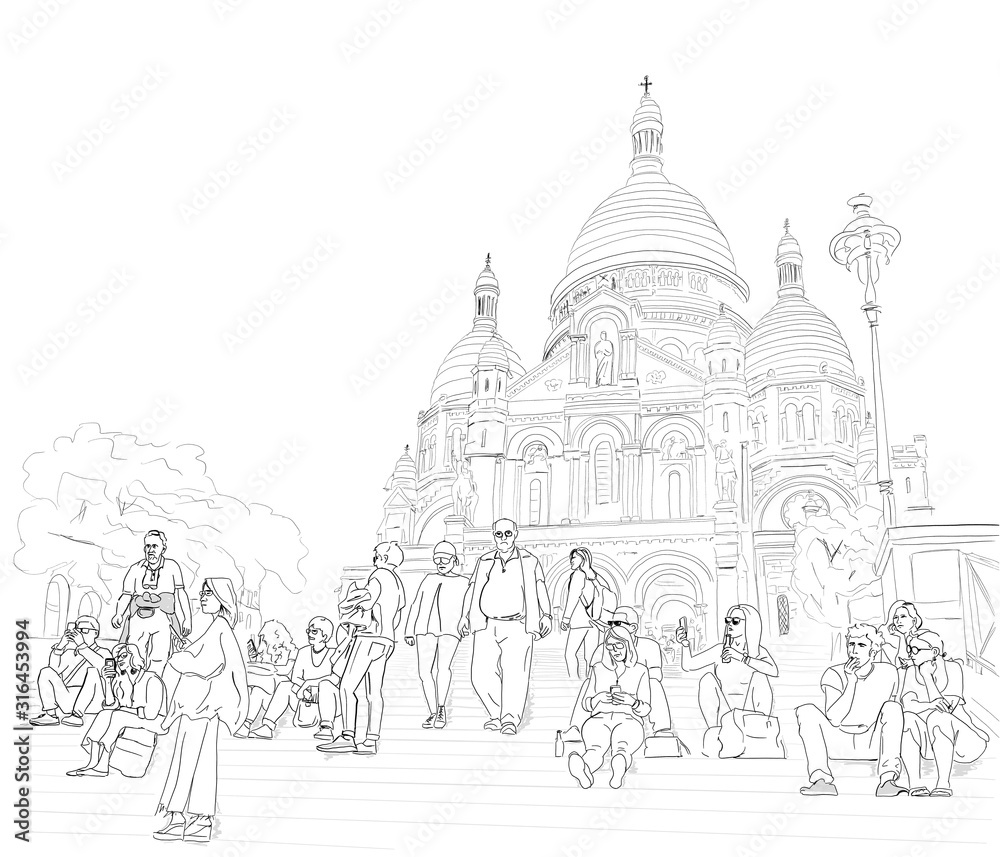 Hand drawn illustration. At the Sacre Coeur Cathedral in Paris, people sit on the steps and enjoy the day.  Black and white.