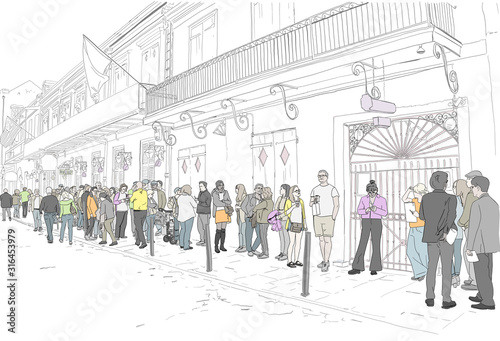 Hand drawn illustration. At the famous Preservation Hall landmark in New Orleans, Louisiana, people wait in line to see live Jazz music. People in color.