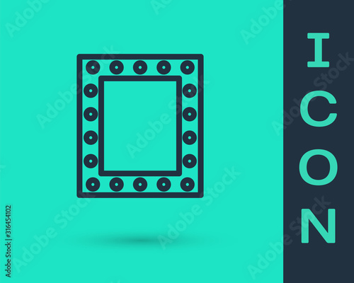 Black line Makeup mirror with lights icon isolated on green background. Vector Illustration