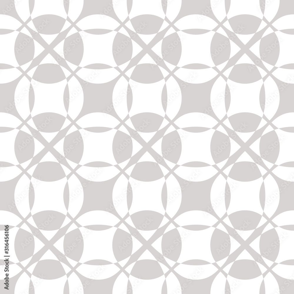 Fototapeta premium Vector abstract geometric seamless pattern in white and gray colors. Repeatable background texture with curved shapes, circles, crosses, squares. Simple design for decor, textile, prints, wallpapers