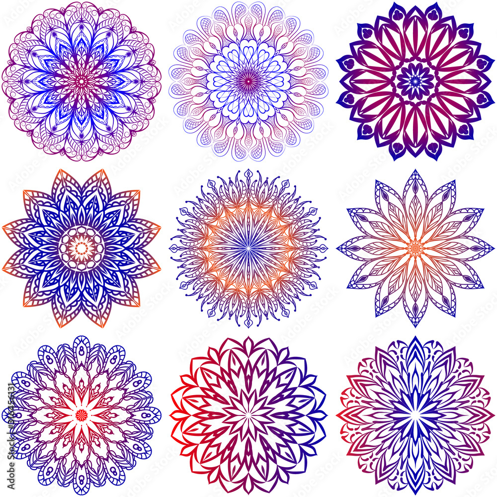 A set of nine colorful mandalas on a white background. Vector mandalas in blue, orange, red and lilac gradient. Template for tattoo, henna drawing. Illustration on fabric, glass, paper. 