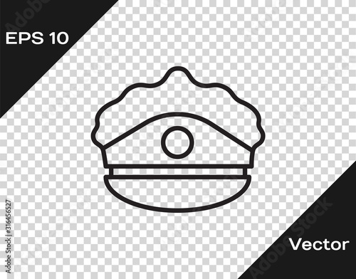 Black line Police cap with cockade icon isolated on transparent background. Police hat sign. Vector Illustration