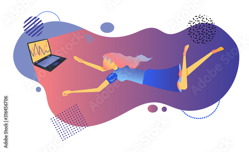 A girl hovering in the air with a laptop. Flat illustration. Woman in levitation. Work at night. Freelance Stock quotes. Time management. Memphis and flat style. .Isolated on a white background.
