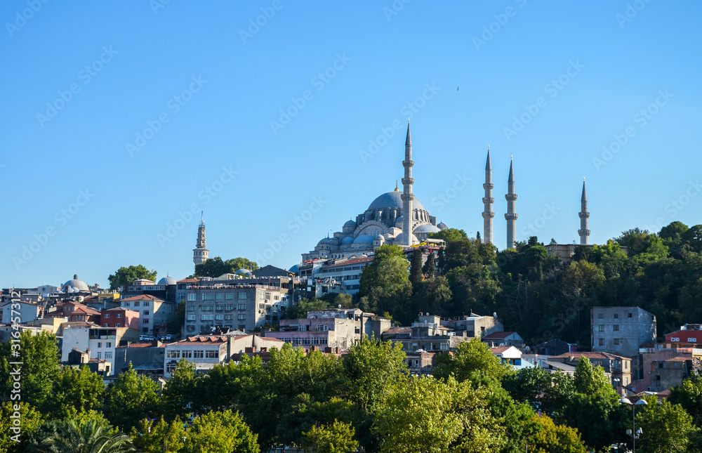 View on historic architecture, on the hill Suleymaniye Mosque and Beyazit tower, Istanbul, Turkey