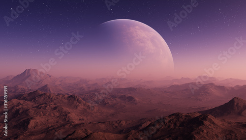 3d rendered Space Art  Alien Planet - A Fantasy Landscape with purple skies and stars