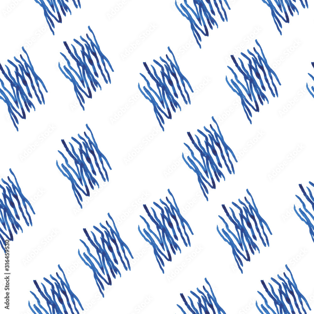 Abstract simple trendy seamless pattern.  Blue colour.  Watercolour brush strokes, different spots, hand drawn in doodle style. Modern textile, packaging, wrapping paper. Lines.