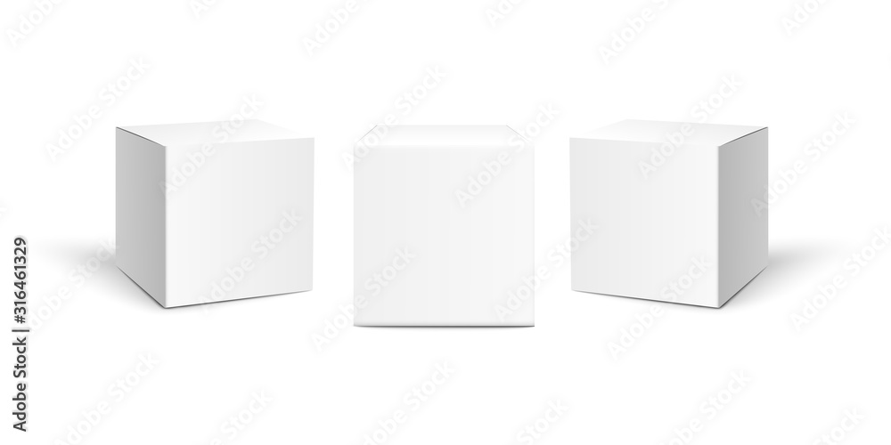 Three square paper boxes mockups isolated on white background. Realistic vector illustration Three square paper boxes mockups isolated on white background. Realistic vector illustration
