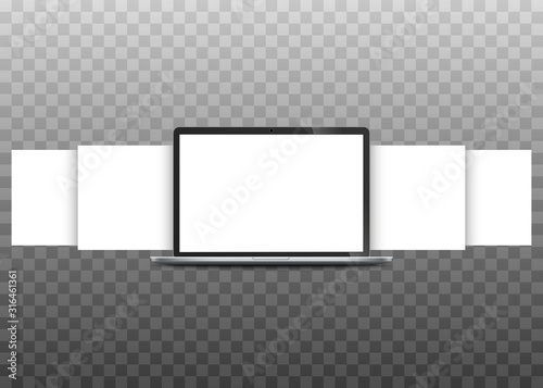 Laptop mockup with blank wireframing pages. Concept for showcasing web-design projects. Vector illustration