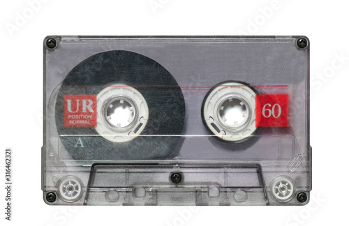 Transparent audio cassette tape isolated on white