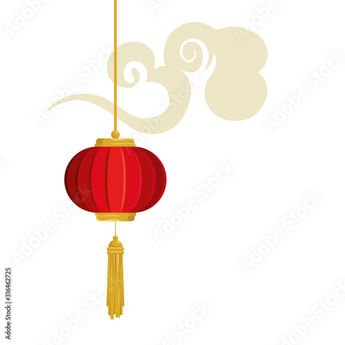 lantern chinese hanging with cloud isolated icon vector illustration design