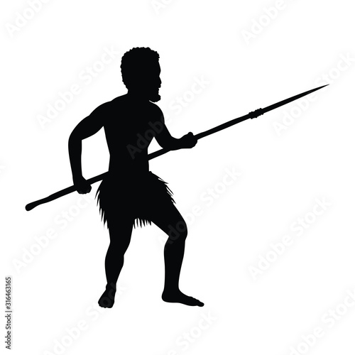 Ancient human with his weapon for hunting silhouette vector