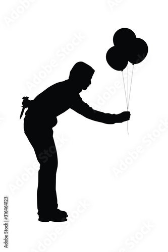 Male assassin with knife and balloons in hand silhouette vector