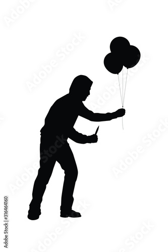 Male assassin with knife and balloons in hand silhouette vector