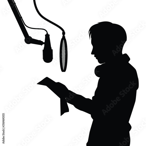 Young man with microphone in studio silhouette vector, radio broadcaster, singer