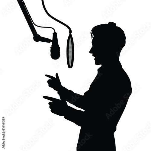 Young man with microphone in studio silhouette vector, radio broadcaster, singer