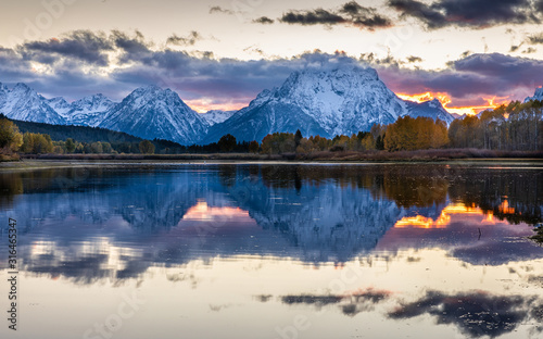 Mount Moran view from Oxbow Bend beside Snake River of Grand Teton, Wyoming.