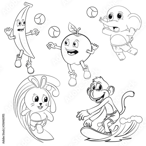 Photography animal and fruit cartoon collection playing volleyball and surf for coloring boo