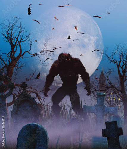 Obraz na plátně Werewolf in graveyard scene,3d rendering