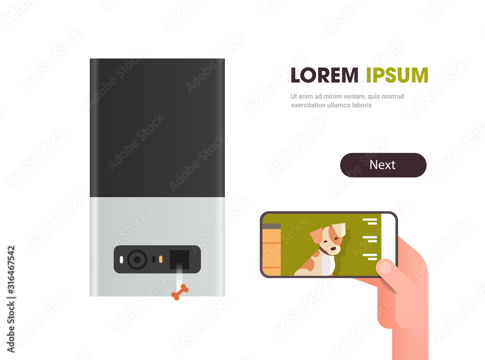 hand using smartphone controlling automatic digital pet dry food storage ai meal feeder dispenser concept smart animal feed online mobile app horizontal copy space vector illustration hand using smartphone controlling automatic digital pet dry food storage ai meal feeder dispenser concept smart animal feed online mobile app horizontal copy space vector illustration