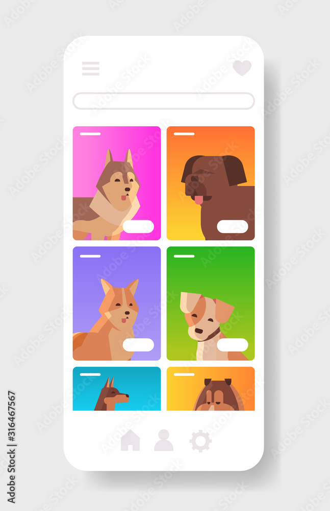 different dogs portraits furry human friends pets website or online shop  cartoon animals smartphone screen mobile app copy space vertical vector  illustration Stock Vector | Adobe Stock