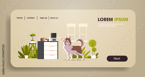 automatic digital pet dry food storage throwing bone for dog ai meal feeder dispenser concept smart animal feed horizontal full length copy space vector illustration