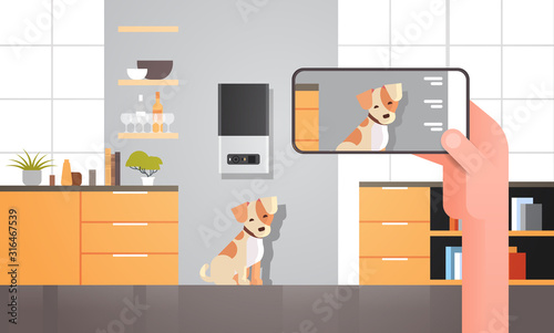 hand using smartphone controlling automatic digital pet dry food storage ai meal feeder dispenser concept smart animal feed online mobile app modern living room interior horizontal vector illustration
