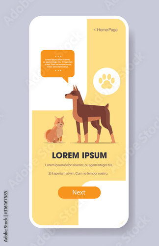 doberman and shiba inu dogs human friend pet website or online shop cartoon animal smartphone screen mobile app copy space vertical vector illustration