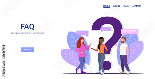 people group standing near question mark mix race team online support center frequently asked questions FAQ concept full length copy space horizontal vector illustration