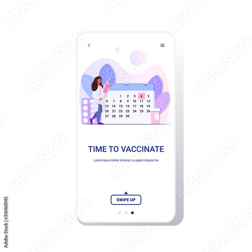 hospital doctor holding syringe with vaccine from flu influenza virus disease time to vaccinate healthcare medicine concept smartphone screen mobile app full length copy space vector illustration