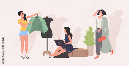 designer trying jacket on mannequin fashion creative design studio dressmaking workplace tailor shop sewing workshop concept horizontal vector illustration