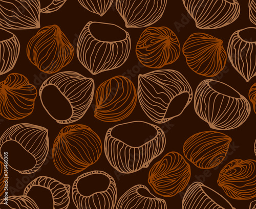 abstract seamless pattern of a set of hazelnuts & kernels, for menu design or confectionery, textiles, vector illustration with colored contour lines on a brown background in doodle & hand drawn style