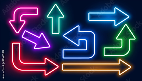 set of neon glowing colorful arrows design