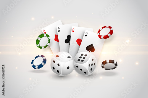 casino playing cards dice and flying chips background