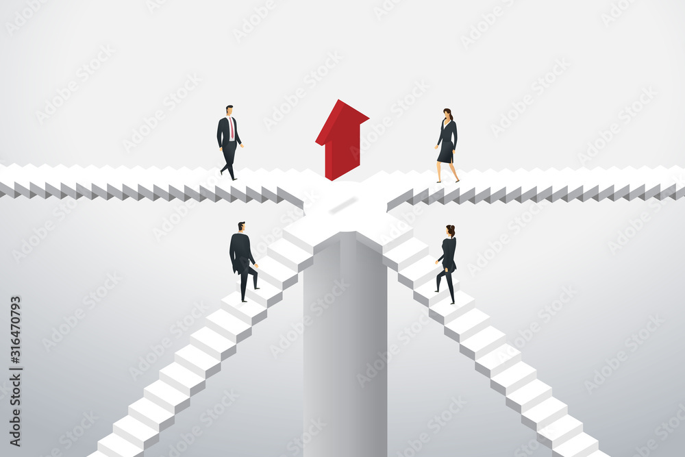 Business people group are walking up the stairs to arrow red to the target goal. isometric concept illustration Business people group are walking up the stairs to arrow red to the target goal. isometric concept illustration