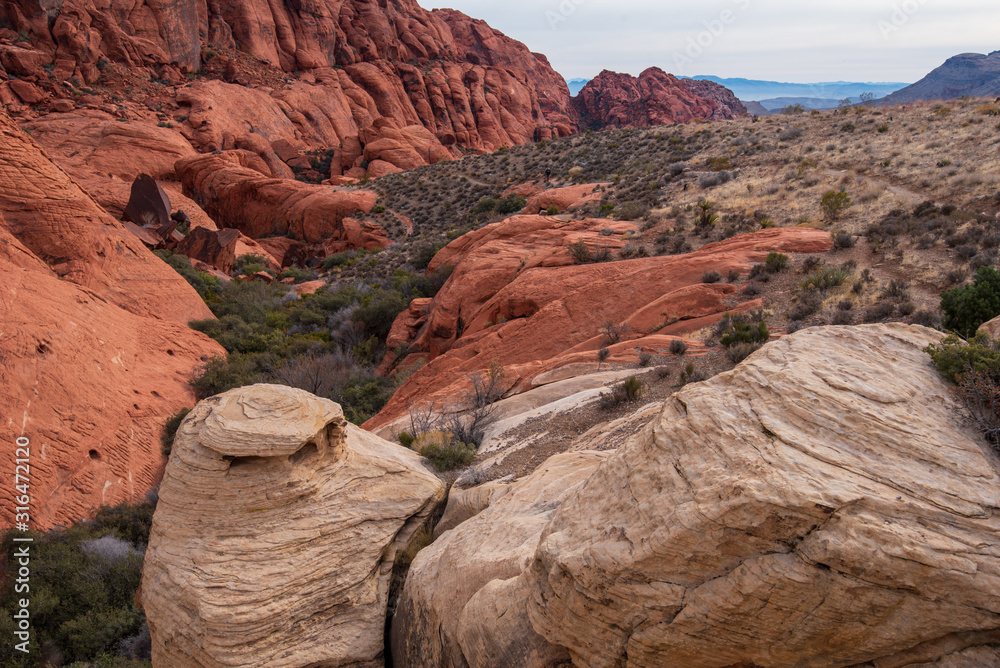 High angle landscape of large red and white rock formations at Red Rock Canyon National Conservation Area in Las Vegas Nevada